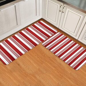 kitchen rugs and mats 2 pieces,abstract red and white striped candy cane pattern christmas,cushioned anti-fatigue comfort mat waterproof non slip standing runner rug set