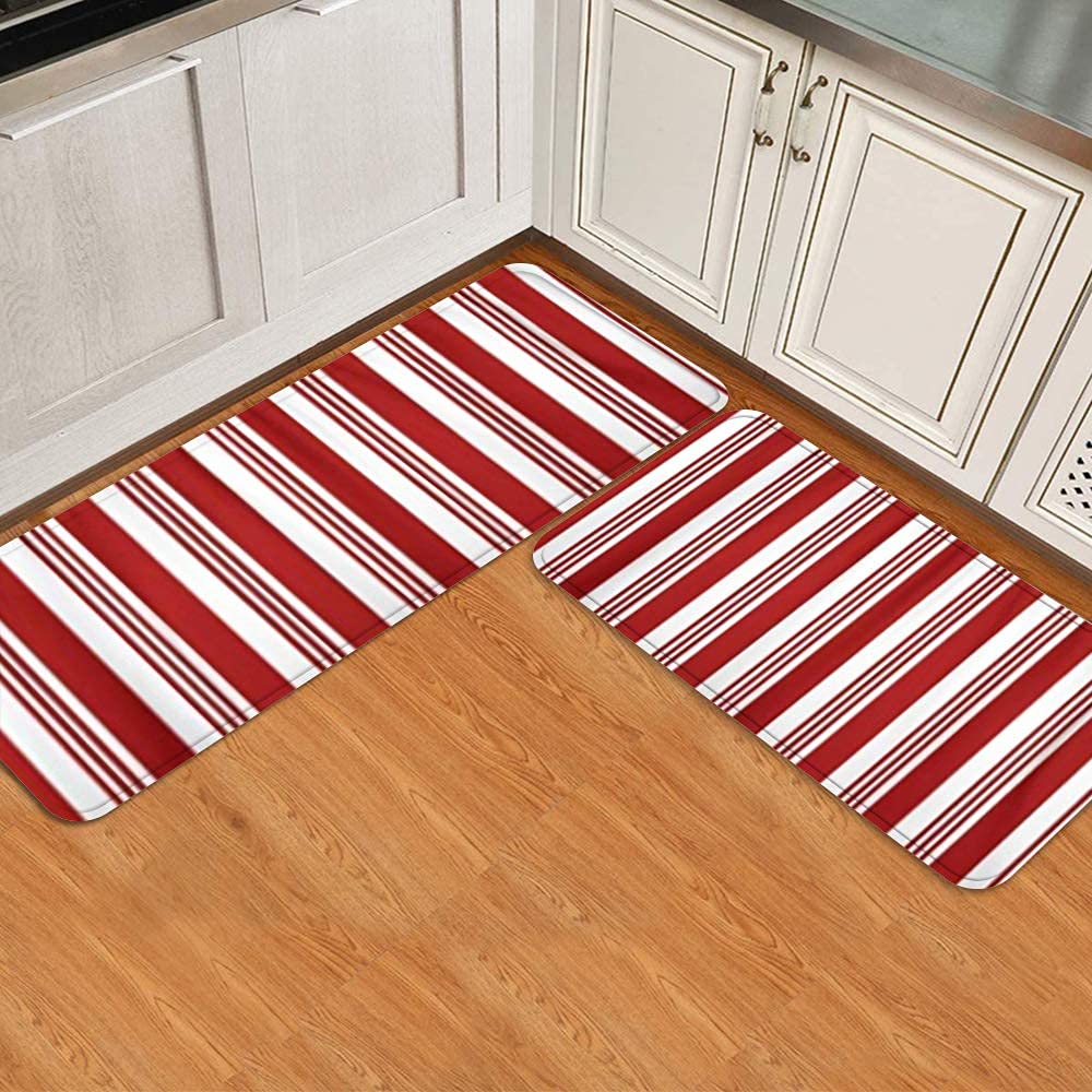 Kitchen Rugs and Mats 2 Pieces,Abstract Red and White Striped Candy Cane Pattern Christmas,Cushioned Anti-Fatigue Comfort Mat Waterproof Non Slip Standing Runner Rug Set