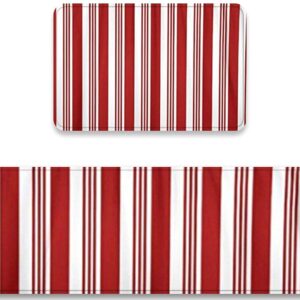 Kitchen Rugs and Mats 2 Pieces,Abstract Red and White Striped Candy Cane Pattern Christmas,Cushioned Anti-Fatigue Comfort Mat Waterproof Non Slip Standing Runner Rug Set