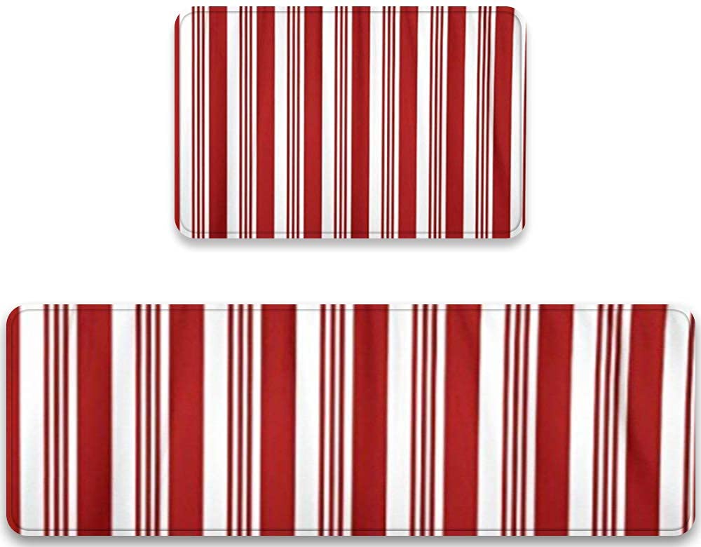 Kitchen Rugs and Mats 2 Pieces,Abstract Red and White Striped Candy Cane Pattern Christmas,Cushioned Anti-Fatigue Comfort Mat Waterproof Non Slip Standing Runner Rug Set