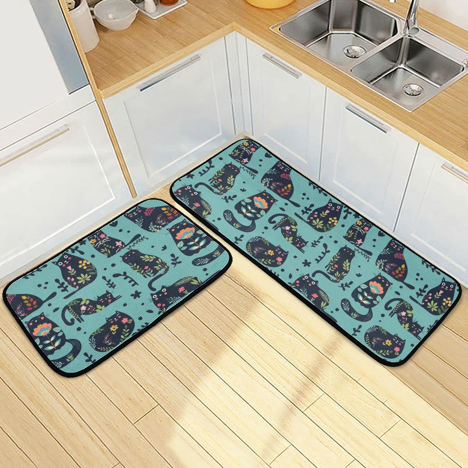 Kigai Cats and Colorful Flowers Kitchen Rugs and Mats Set of 2, Anti Fatigue Comfort Mat for Kitchen Floor, Non Skid and Washable Kitchen Rug, 27"x20"+47"x20"