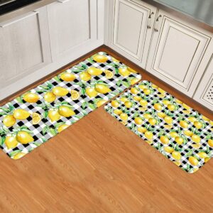kitchen floor mat set of 2 nature fruit comfort cushioned antifatigue mats for standing waterproof kitchen rug set for home office lemon black white buffalo check plaid 15.7x23.6inch+15.7x47.2inch