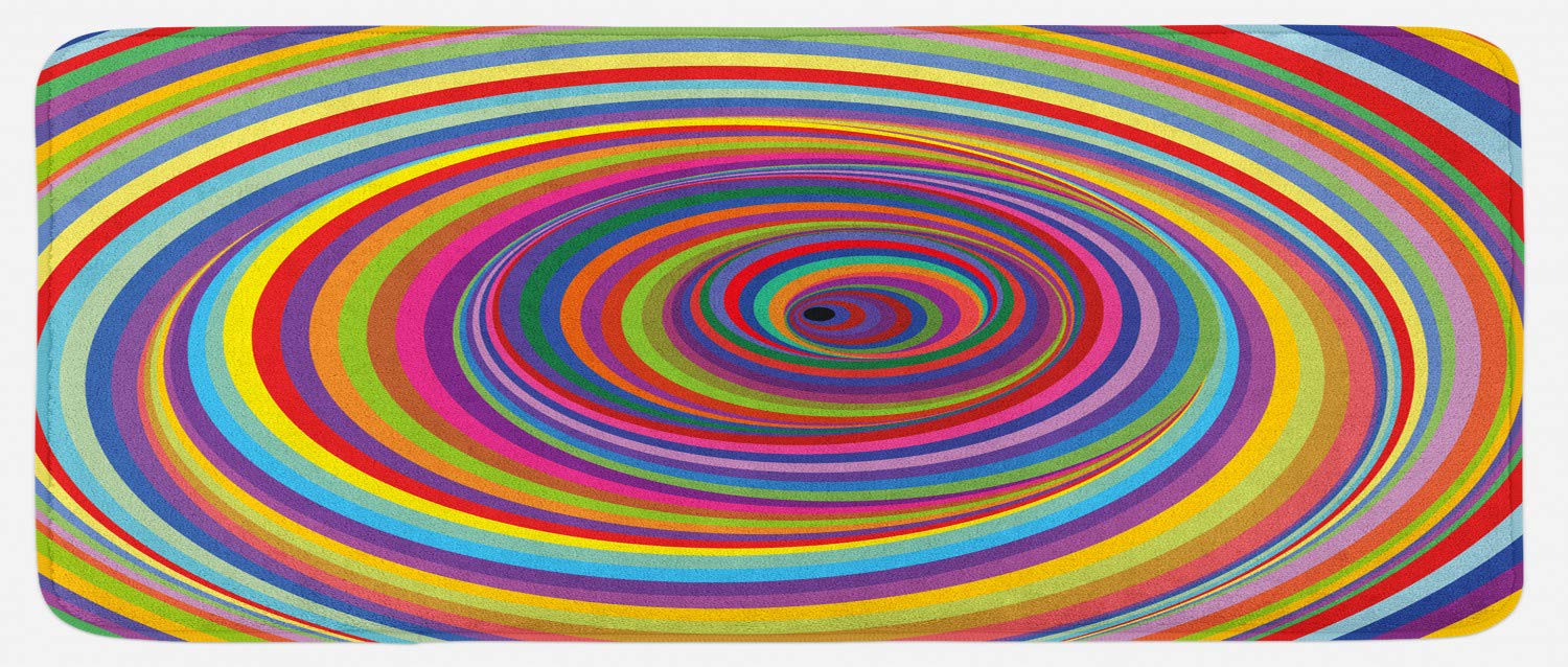 Lunarable Rainbow Kitchen Mat, Rainbow Colored Vortex Hypnotic Effect Optical Illusion Psychedelic Design Print, Plush Decorative Kitchen Mat with Non Slip Backing, 47" X 19", Rainbow Colors