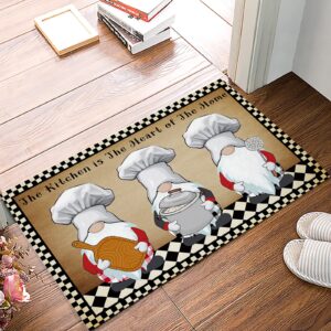 cute chef gnomes indoor doormat bath rugs non slip, washable cover floor rug absorbent carpets floor mat home decor for kitchen bedroom funny chef cook checkered plaid black white brown (16x24)