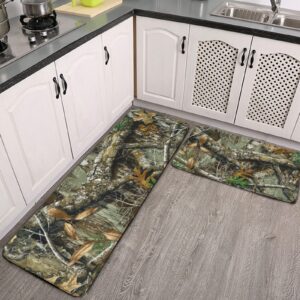 youtary autumn hunting tree camo pattern kitchen rug set 2 pcs floor mats washable non-slip soft flannel runner rug doormat carpet for floor home bathroom, 17" x 47"+17" x 24"-m