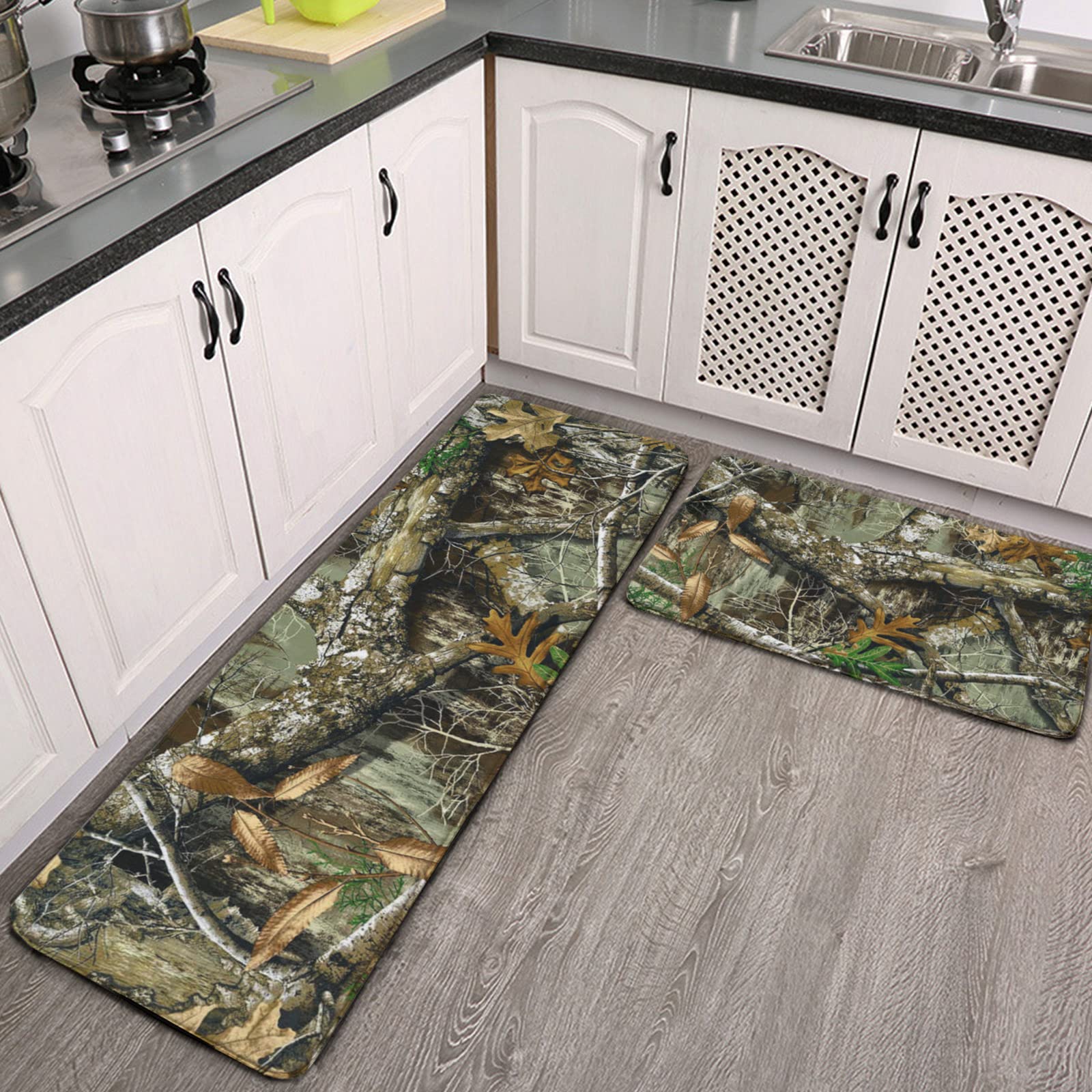 YouTary Autumn Hunting Tree Camo Pattern Kitchen Rug Set 2 PCS Floor Mats Washable Non-Slip Soft Flannel Runner Rug Doormat Carpet for Floor Home Bathroom, 17" x 47"+17" x 24"-M