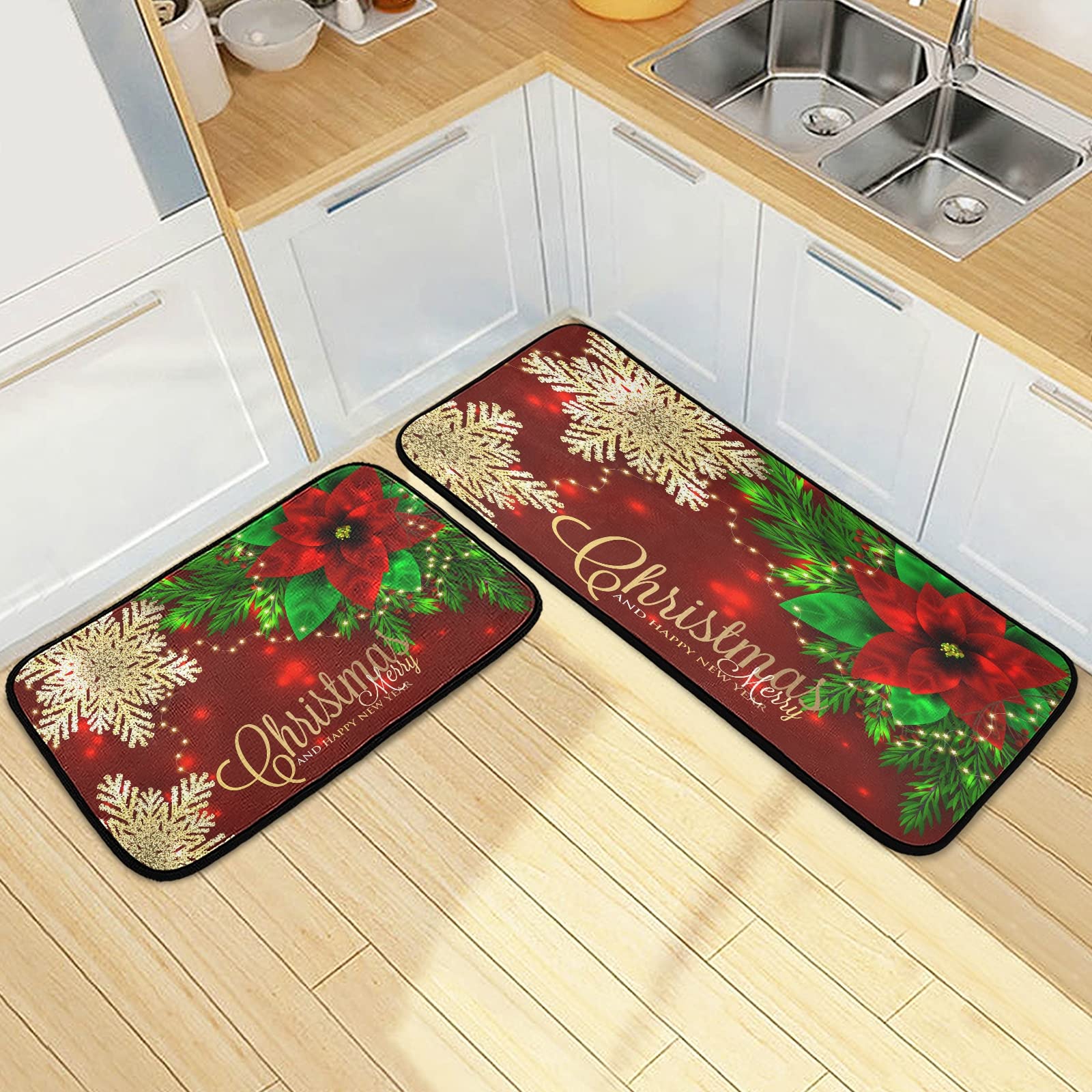 ALAZA Christmas Poinsettia Flower Snowflake Non Slip Kitchen Floor Mat Set of 2 Piece Kitchen Rug 47 x 20 inches + 28 x 20 inches for Entryway Hallway Bathroom Living Room Bedroom