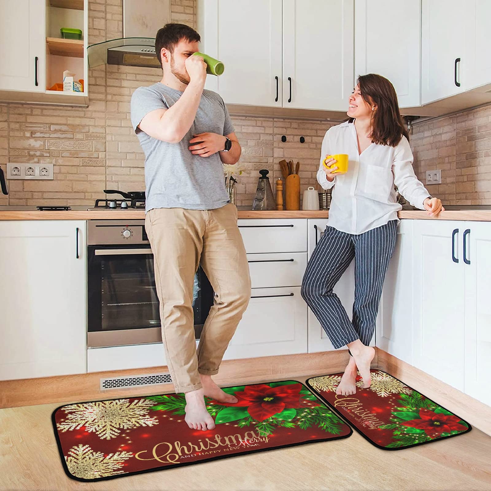 ALAZA Christmas Poinsettia Flower Snowflake Non Slip Kitchen Floor Mat Set of 2 Piece Kitchen Rug 47 x 20 inches + 28 x 20 inches for Entryway Hallway Bathroom Living Room Bedroom