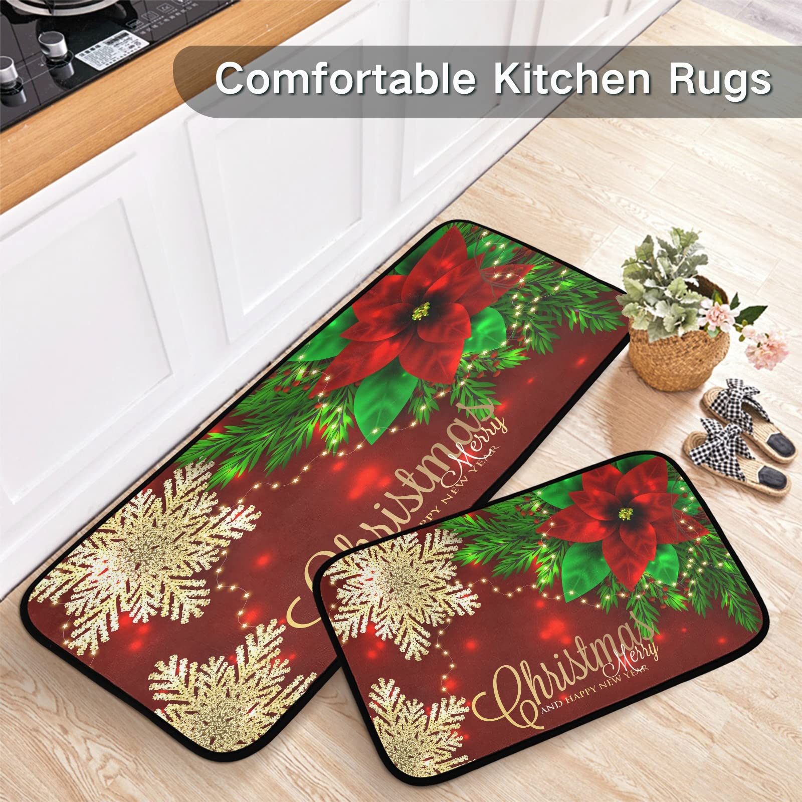 ALAZA Christmas Poinsettia Flower Snowflake Non Slip Kitchen Floor Mat Set of 2 Piece Kitchen Rug 47 x 20 inches + 28 x 20 inches for Entryway Hallway Bathroom Living Room Bedroom