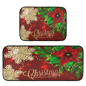 ALAZA Christmas Poinsettia Flower Snowflake Non Slip Kitchen Floor Mat Set of 2 Piece Kitchen Rug 47 x 20 inches + 28 x 20 inches for Entryway Hallway Bathroom Living Room Bedroom