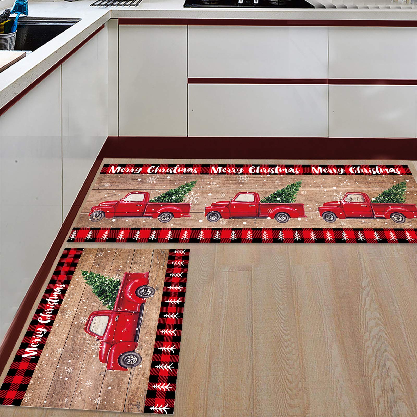 Christmas Kitchen Rugs and Mats Set of 2 Red Truck Snowflake Rustic Wooded Anti Fatigue Floor Mat Area Runner Rug for Kitchen Sink Living Room Bedroom 16"x24"+16"x47"