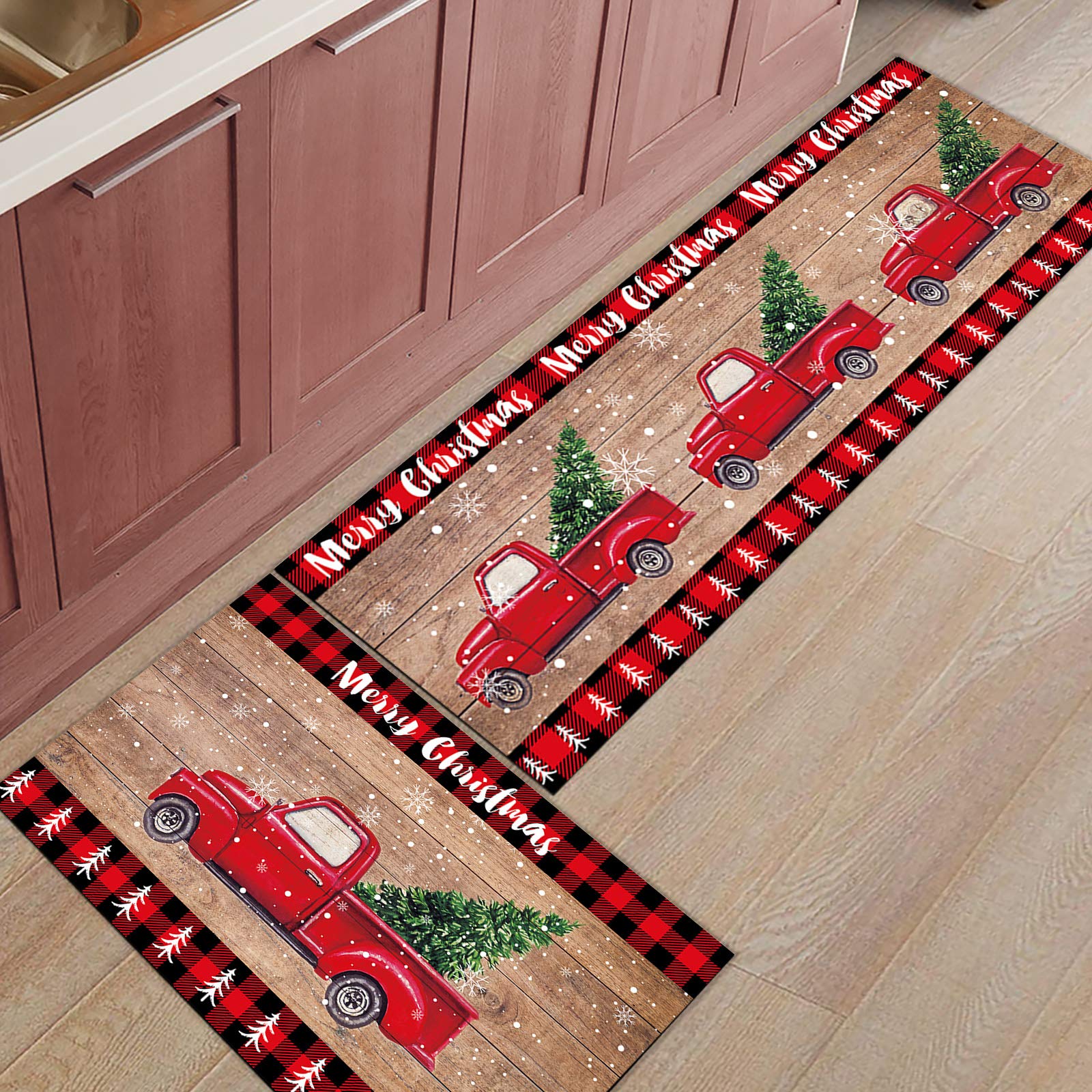 Christmas Kitchen Rugs and Mats Set of 2 Red Truck Snowflake Rustic Wooded Anti Fatigue Floor Mat Area Runner Rug for Kitchen Sink Living Room Bedroom 16"x24"+16"x47"