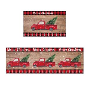 Christmas Kitchen Rugs and Mats Set of 2 Red Truck Snowflake Rustic Wooded Anti Fatigue Floor Mat Area Runner Rug for Kitchen Sink Living Room Bedroom 16"x24"+16"x47"