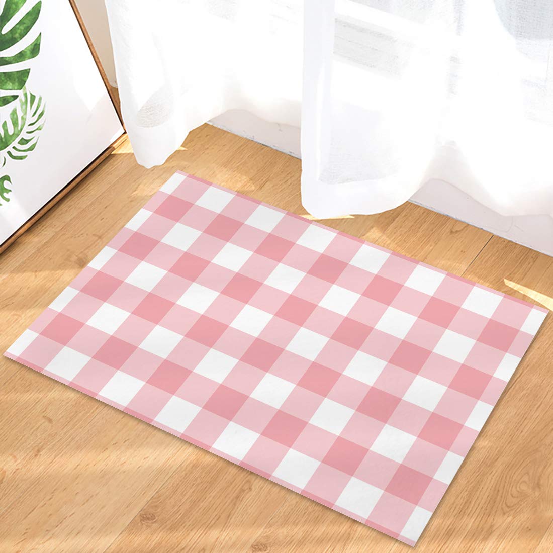 Floor Rug Indoor Door Mat, Valentine's Day Pink and White Buffalo Check Gingham Romantic Non-Slip Absorbent Low-Profile Entrance Doormat for Kitchen/Bathroom/Laundry Room, 18"x30"