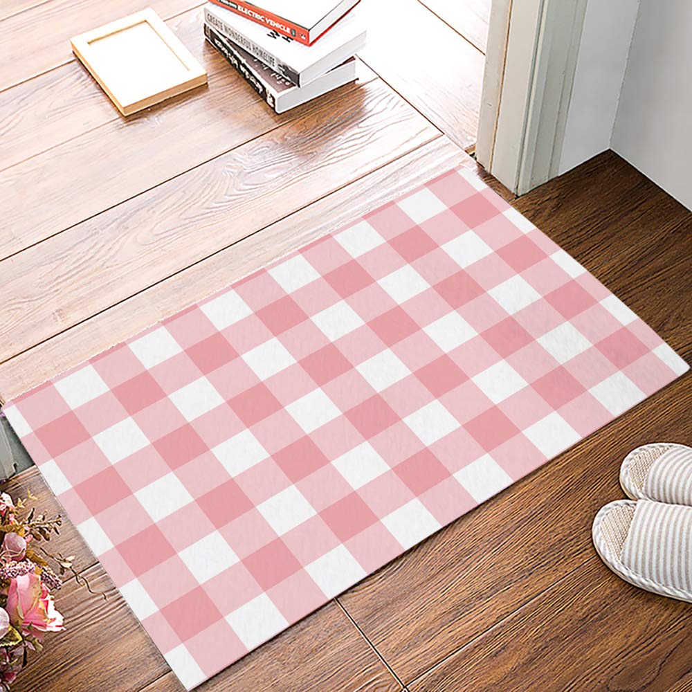Floor Rug Indoor Door Mat, Valentine's Day Pink and White Buffalo Check Gingham Romantic Non-Slip Absorbent Low-Profile Entrance Doormat for Kitchen/Bathroom/Laundry Room, 18"x30"