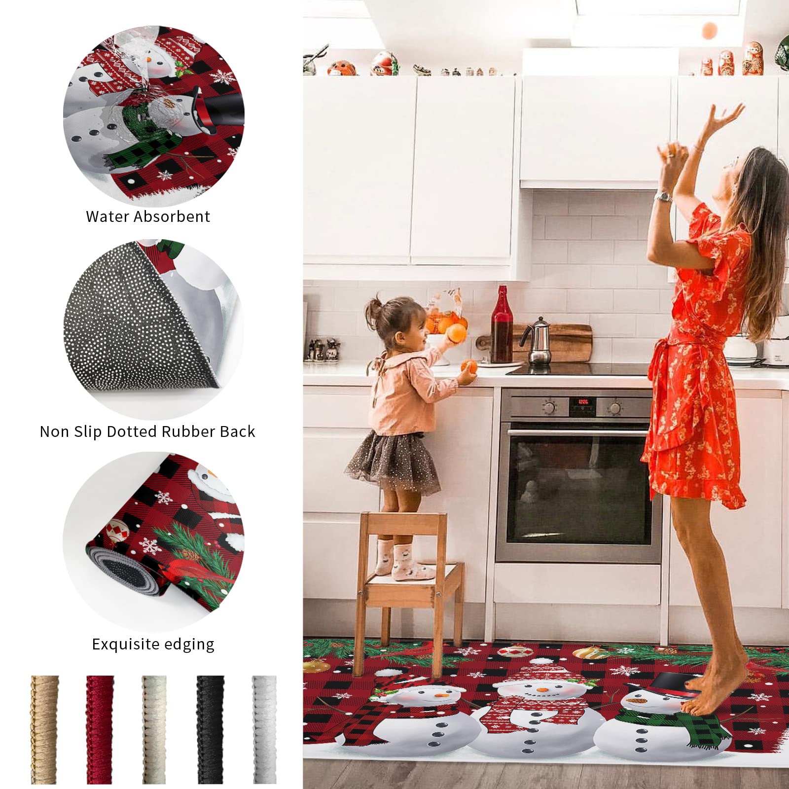 Christmas Kitchen Mats 2 Piece, Xmas Snowman Winter Holiday Doormats, Snowflake Kitchen Rugs Set Black Red Buffalo Plaid Christmas Decorations Floor Mat for Indoor Use,15.7" x 23.6"+15.7" x 47.2"