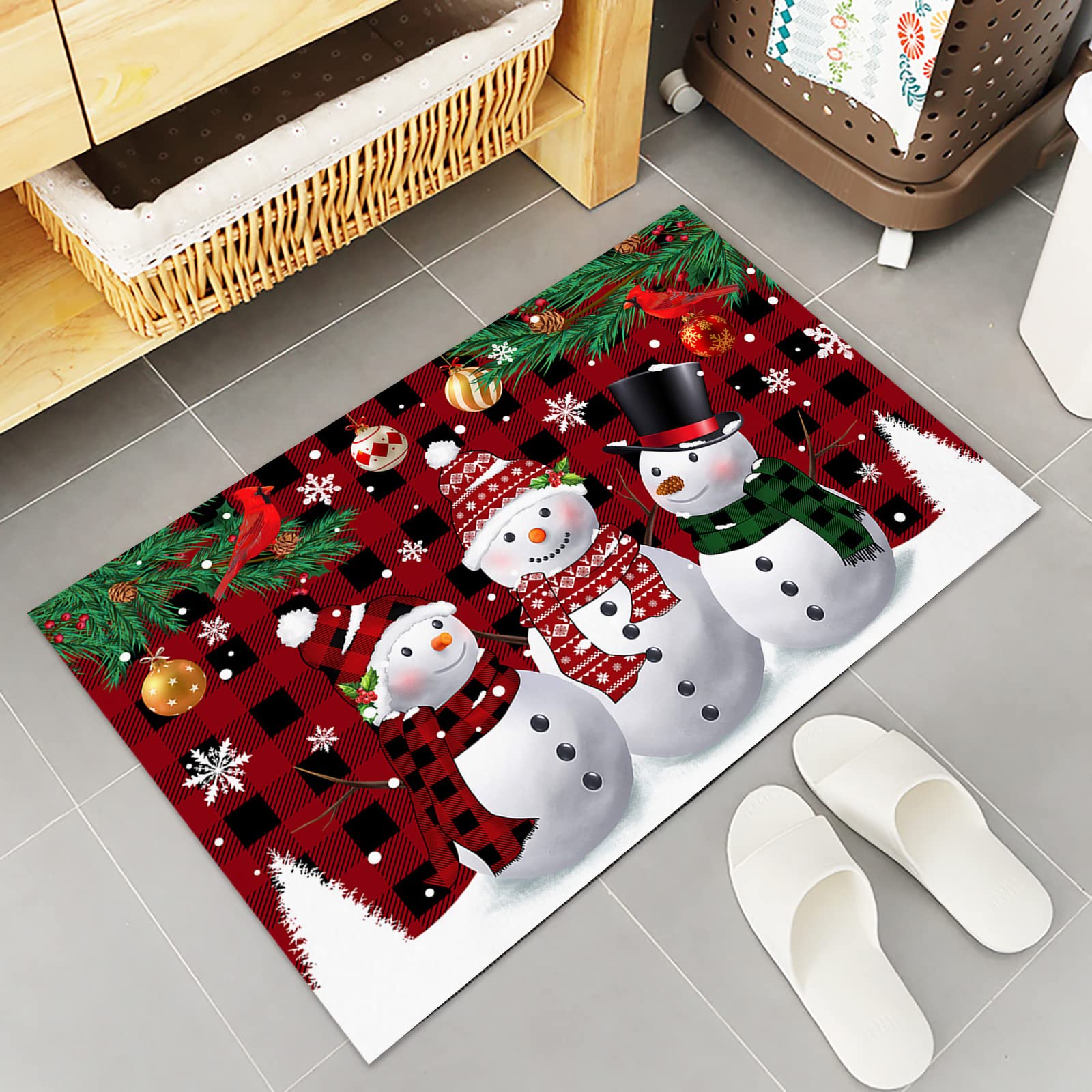 Christmas Kitchen Mats 2 Piece, Xmas Snowman Winter Holiday Doormats, Snowflake Kitchen Rugs Set Black Red Buffalo Plaid Christmas Decorations Floor Mat for Indoor Use,15.7" x 23.6"+15.7" x 47.2"