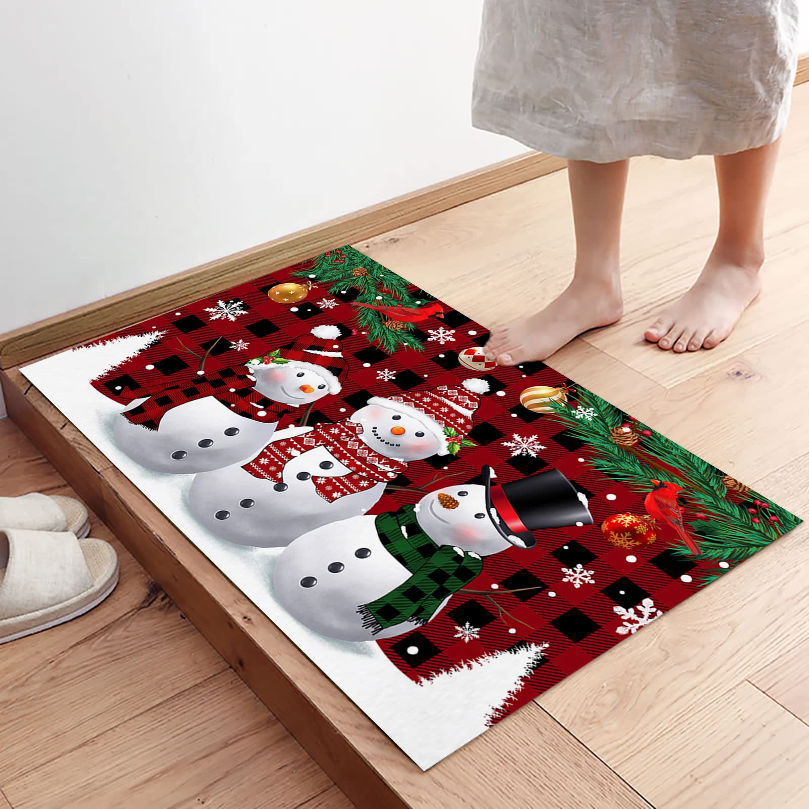 Christmas Kitchen Mats 2 Piece, Xmas Snowman Winter Holiday Doormats, Snowflake Kitchen Rugs Set Black Red Buffalo Plaid Christmas Decorations Floor Mat for Indoor Use,15.7" x 23.6"+15.7" x 47.2"
