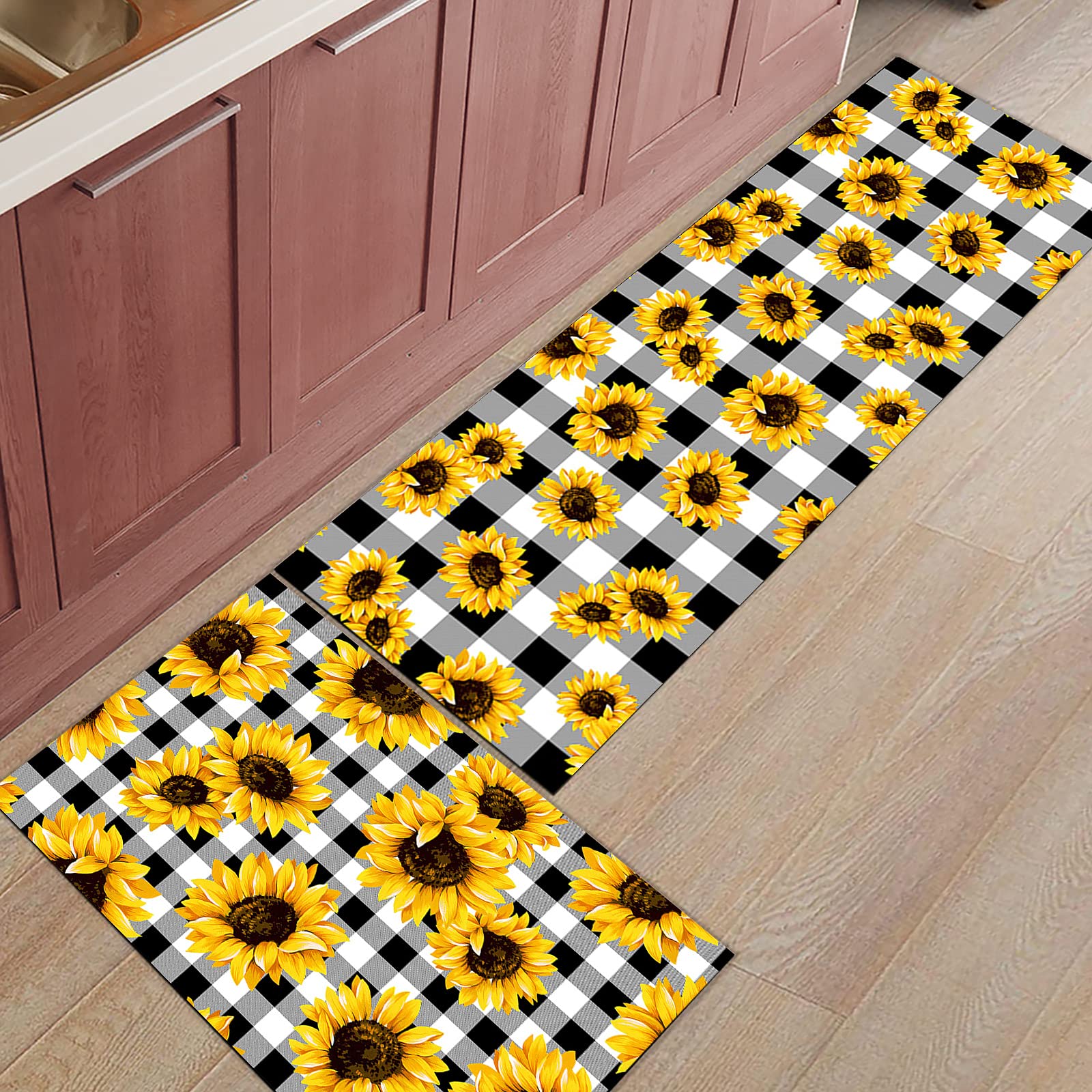 Sailground Kitchen Rugs and Mats Sets of 2, Summer Fresh Sunflower Black Buffalo Check Plaid Sweet Farm Life Time Indoor Floor Mats Non-Slip Area Rug Carpet for Bathroom Living Room Office Home Decor