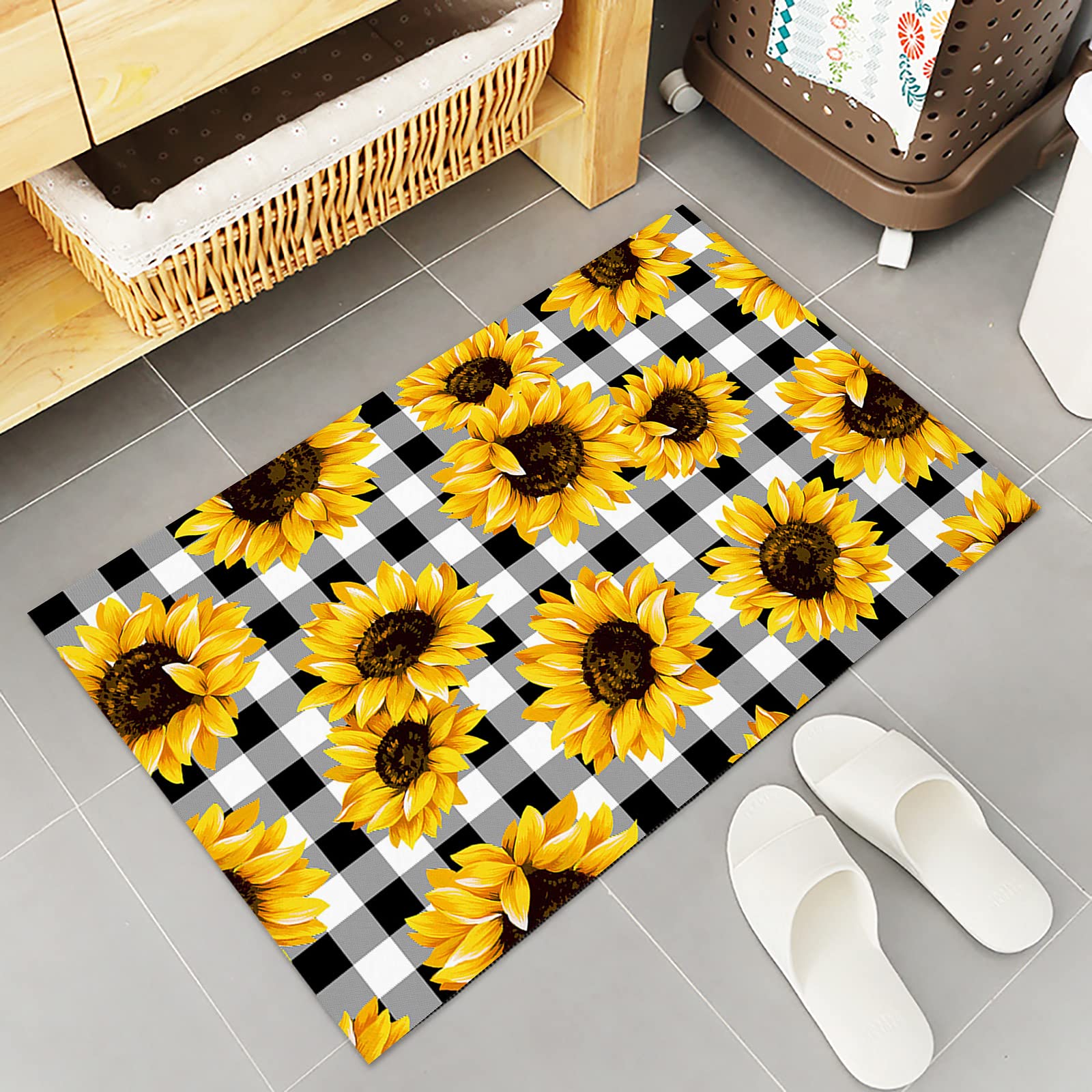 Sailground Kitchen Rugs and Mats Sets of 2, Summer Fresh Sunflower Black Buffalo Check Plaid Sweet Farm Life Time Indoor Floor Mats Non-Slip Area Rug Carpet for Bathroom Living Room Office Home Decor