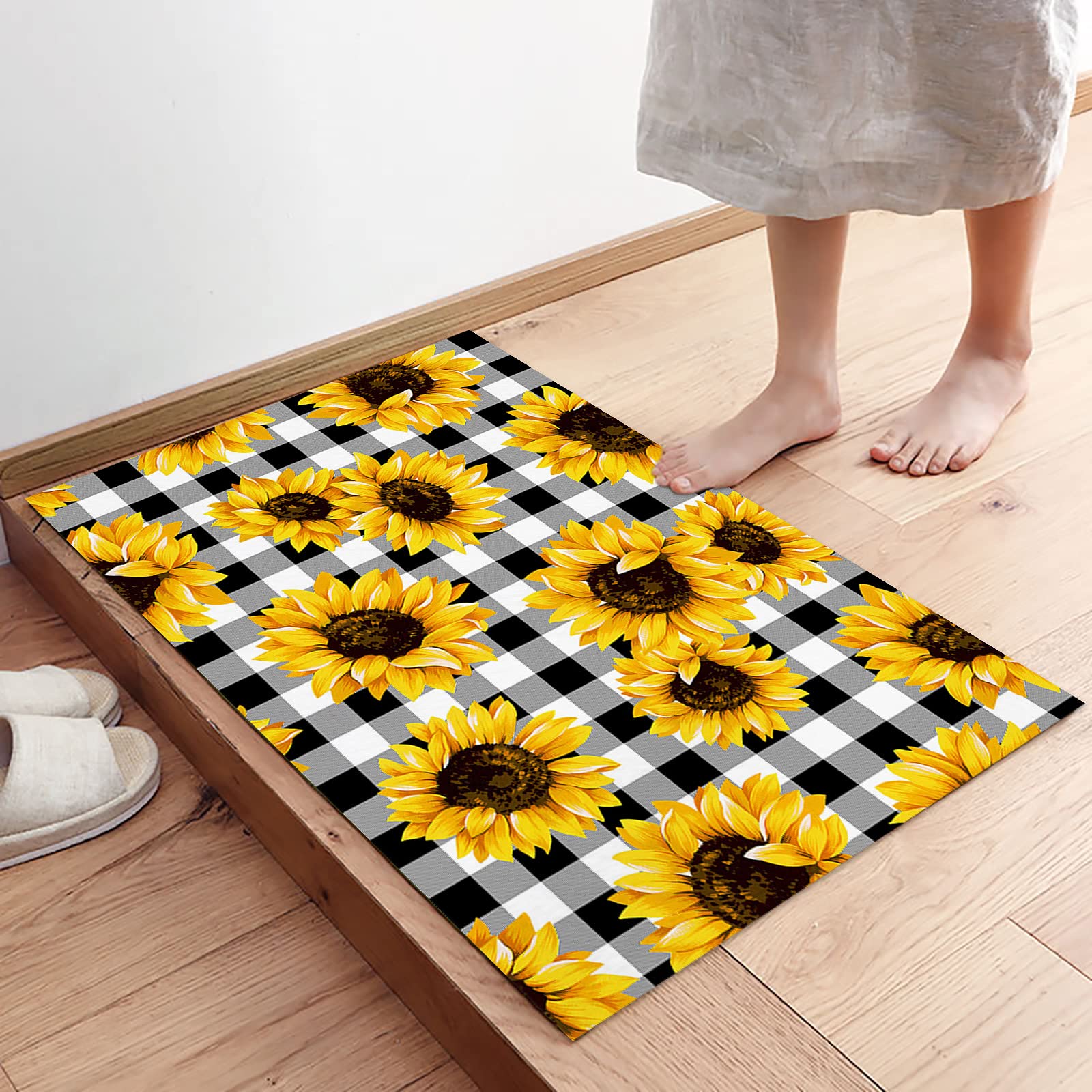 Sailground Kitchen Rugs and Mats Sets of 2, Summer Fresh Sunflower Black Buffalo Check Plaid Sweet Farm Life Time Indoor Floor Mats Non-Slip Area Rug Carpet for Bathroom Living Room Office Home Decor