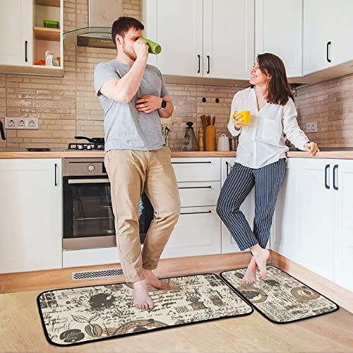 J JOYSAY Coffee Theme Symbol Retro Kitchen Rugs and Mat 2 Pieces Set Cushioned Anti Fatigue Kitchen Mat Non Slip Comfort Standing Mat Washable Farmhouse Decor for Kitchen Floor Home Office Laundry