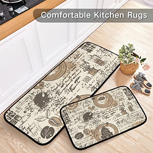 J JOYSAY Coffee Theme Symbol Retro Kitchen Rugs and Mat 2 Pieces Set Cushioned Anti Fatigue Kitchen Mat Non Slip Comfort Standing Mat Washable Farmhouse Decor for Kitchen Floor Home Office Laundry