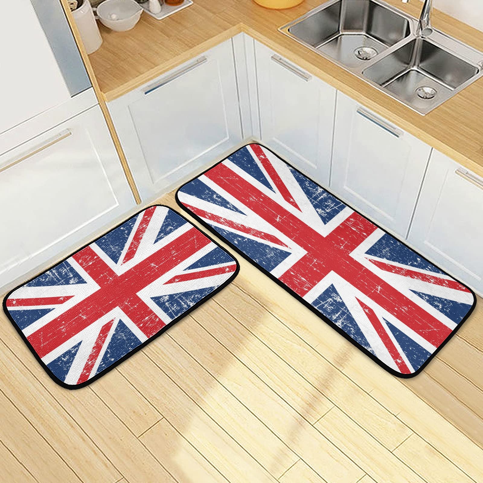 ALAZA Retro British Flag London Union Jack 2 Piece Kitchen Rug Floor Mat Set Runner Rugs Non-Slip for Kitchen Laundry Office 20" x 28" + 20" x 48"