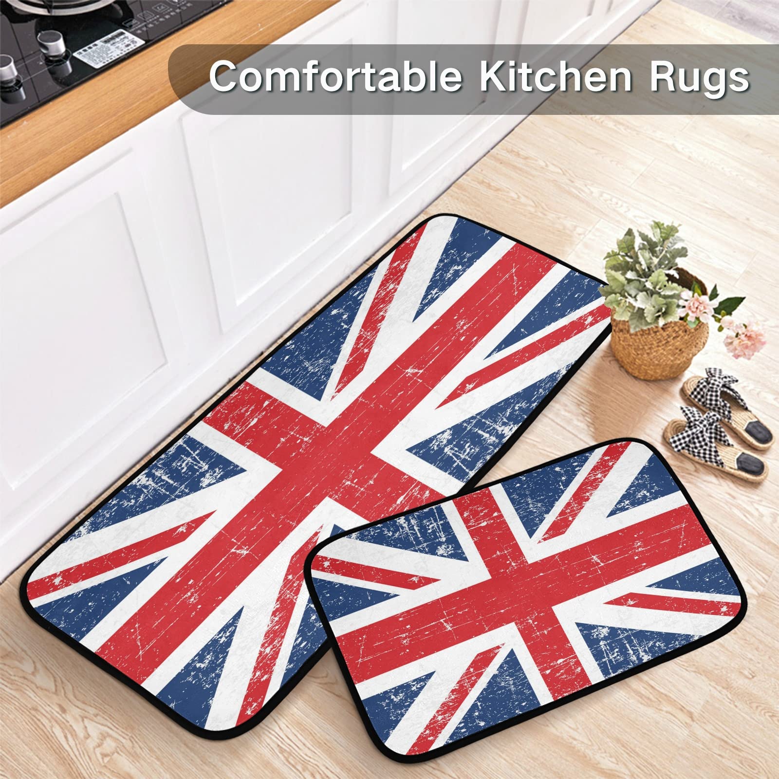 ALAZA Retro British Flag London Union Jack 2 Piece Kitchen Rug Floor Mat Set Runner Rugs Non-Slip for Kitchen Laundry Office 20" x 28" + 20" x 48"