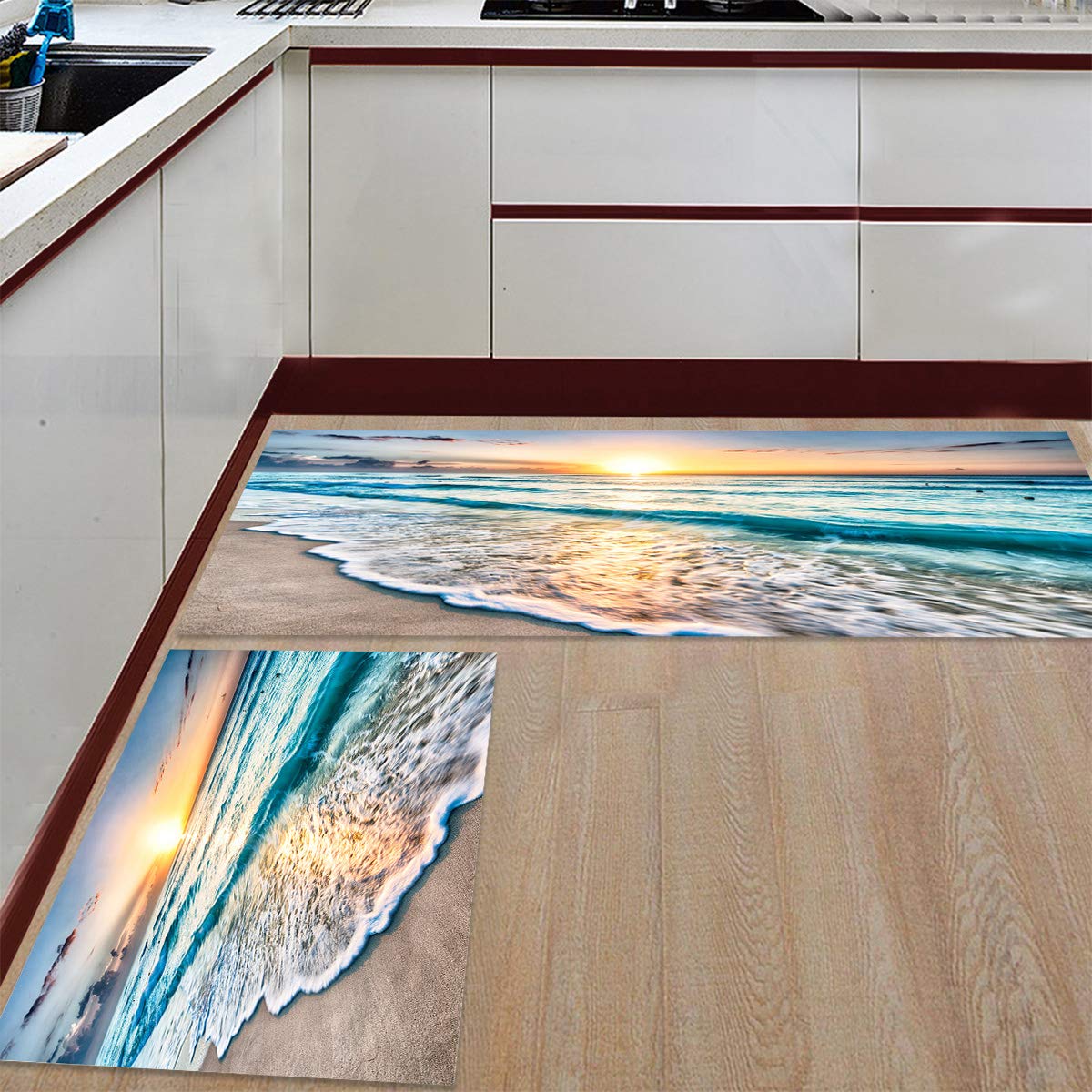 SODIKA Anti Fatigue Kitchen Rug Comfort Floor Non Slip Kitchen Mats and Rugs for Floor Home, Office, Sink, Laundry - Ocean Theme Sand Beach Wave Sea Water Pattern (15.7"x23.6"+15.7"x47.2" inches)