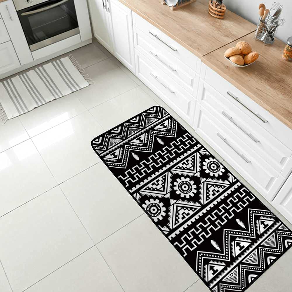 Kitchen Rug Mat Black Ethnic Boho Style Non-Slip Absorbent Runner Rug for Kitchen Floor, Entryway, Hallway and Dining Room, Machine Washable Carpet