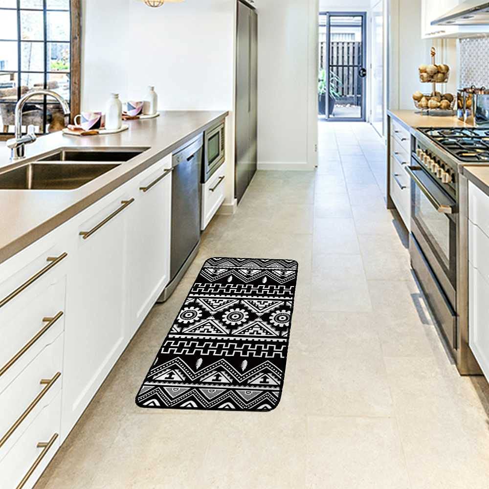 Kitchen Rug Mat Black Ethnic Boho Style Non-Slip Absorbent Runner Rug for Kitchen Floor, Entryway, Hallway and Dining Room, Machine Washable Carpet