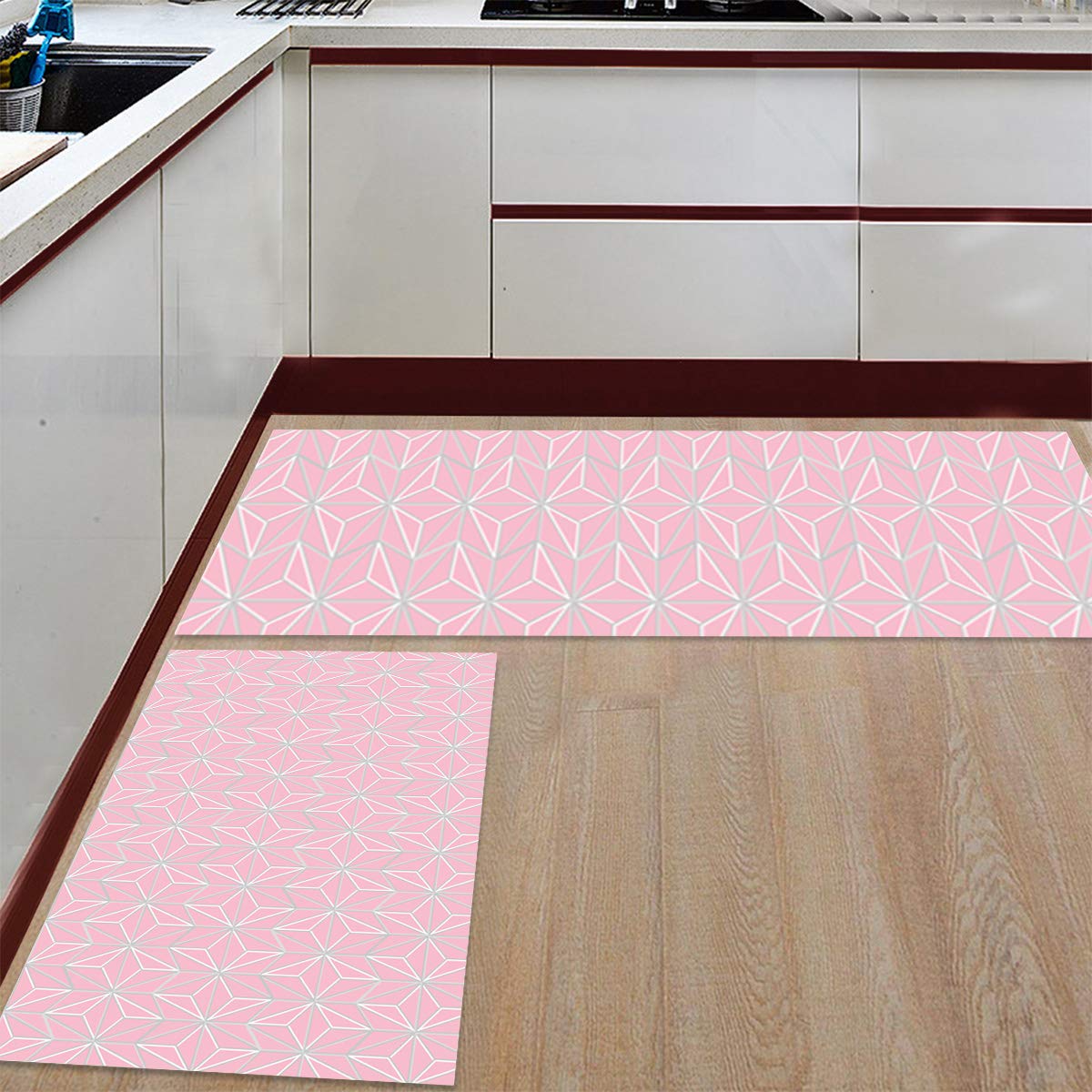 LooPoP Pink Kitchen Mats for Floor Cushioned Anti Fatigue 2 Piece Set Kitchen Runner Rugs Non Skid Washable Geometric Abstract Nordic