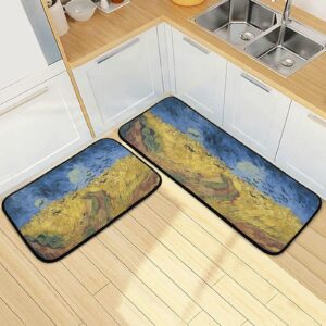 alaza oil painting van gogh 2 piece kitchen rug floor mat set runner rugs non-slip for kitchen laundry office 20" x 28" + 20" x 48"