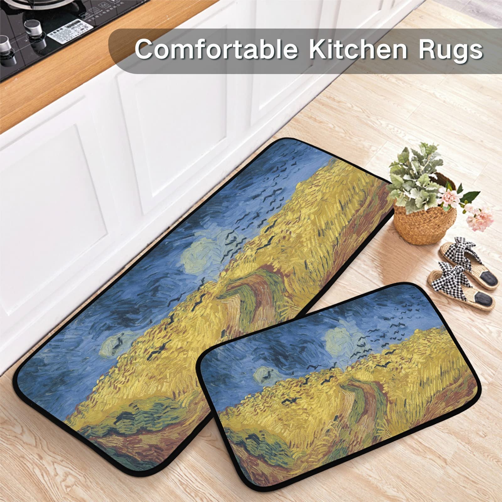 ALAZA Oil Painting Van Gogh 2 Piece Kitchen Rug Floor Mat Set Runner Rugs Non-Slip for Kitchen Laundry Office 20" x 28" + 20" x 48"