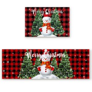 arts print kitchen rug mat set of 2,merry christmas cute snowman with christmas tree black and red buffalo plaid runner rug,non-slip durable kitchen floor mat for sink,15.7x23.6inch+15.7x47.2inch