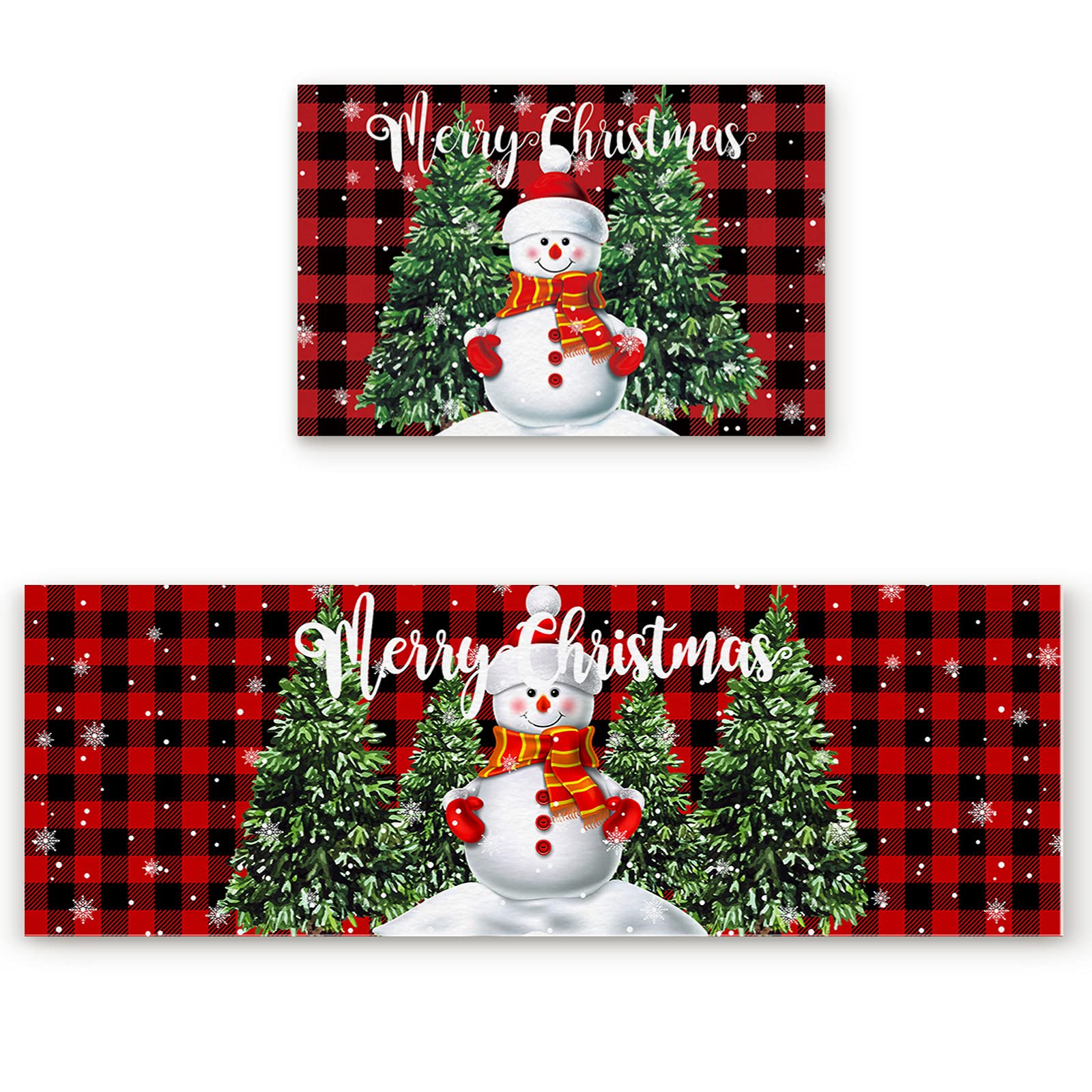 Arts Print Kitchen Rug Mat Set of 2,Merry Christmas Cute Snowman with Christmas Tree Black and Red Buffalo Plaid Runner Rug,Non-Slip Durable Kitchen Floor Mat for Sink,15.7x23.6Inch+15.7x47.2Inch