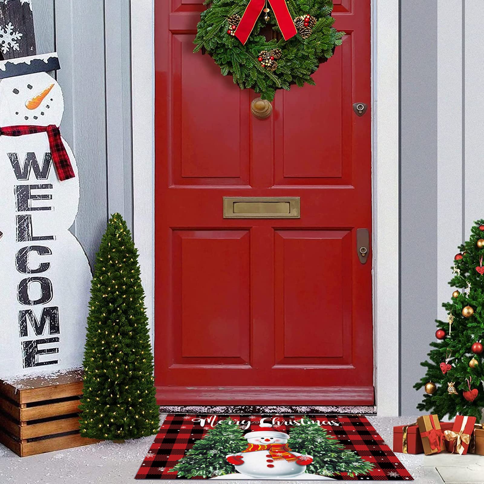 Arts Print Kitchen Rug Mat Set of 2,Merry Christmas Cute Snowman with Christmas Tree Black and Red Buffalo Plaid Runner Rug,Non-Slip Durable Kitchen Floor Mat for Sink,15.7x23.6Inch+15.7x47.2Inch