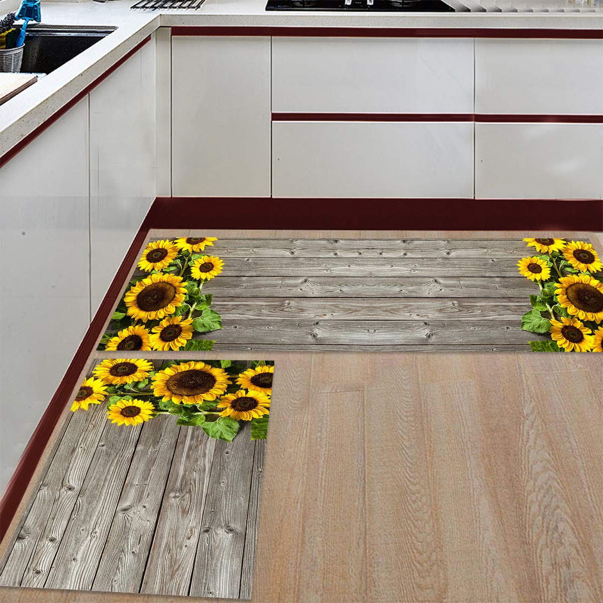 wanxinfu Kitchen Mat Set 2 Piece Kitchen Rugs, Yellow Sunflowers on Wooden Board Soft Waterproof Non-Slip Rubber Backing Floor Mats Doormat Bathroom Runner Area Rug Carpet, 15.7x23.6in + 15.7x47.2in