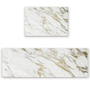 charmhome kitchen floor mats kitchen rugs 2 piece white and gold marble texture soft waterproof oil proof non-skid rubber back washable doormat 20"x 31" + 20"x 47"