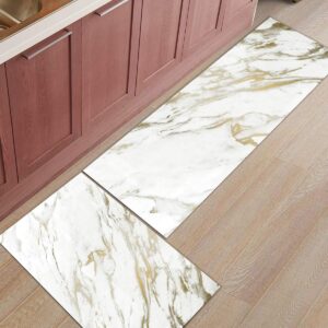 CHARMHOME Kitchen Floor Mats Kitchen Rugs 2 Piece White and Gold Marble Texture Soft Waterproof Oil Proof Non-Skid Rubber Back Washable Doormat 20"x 31" + 20"x 47"