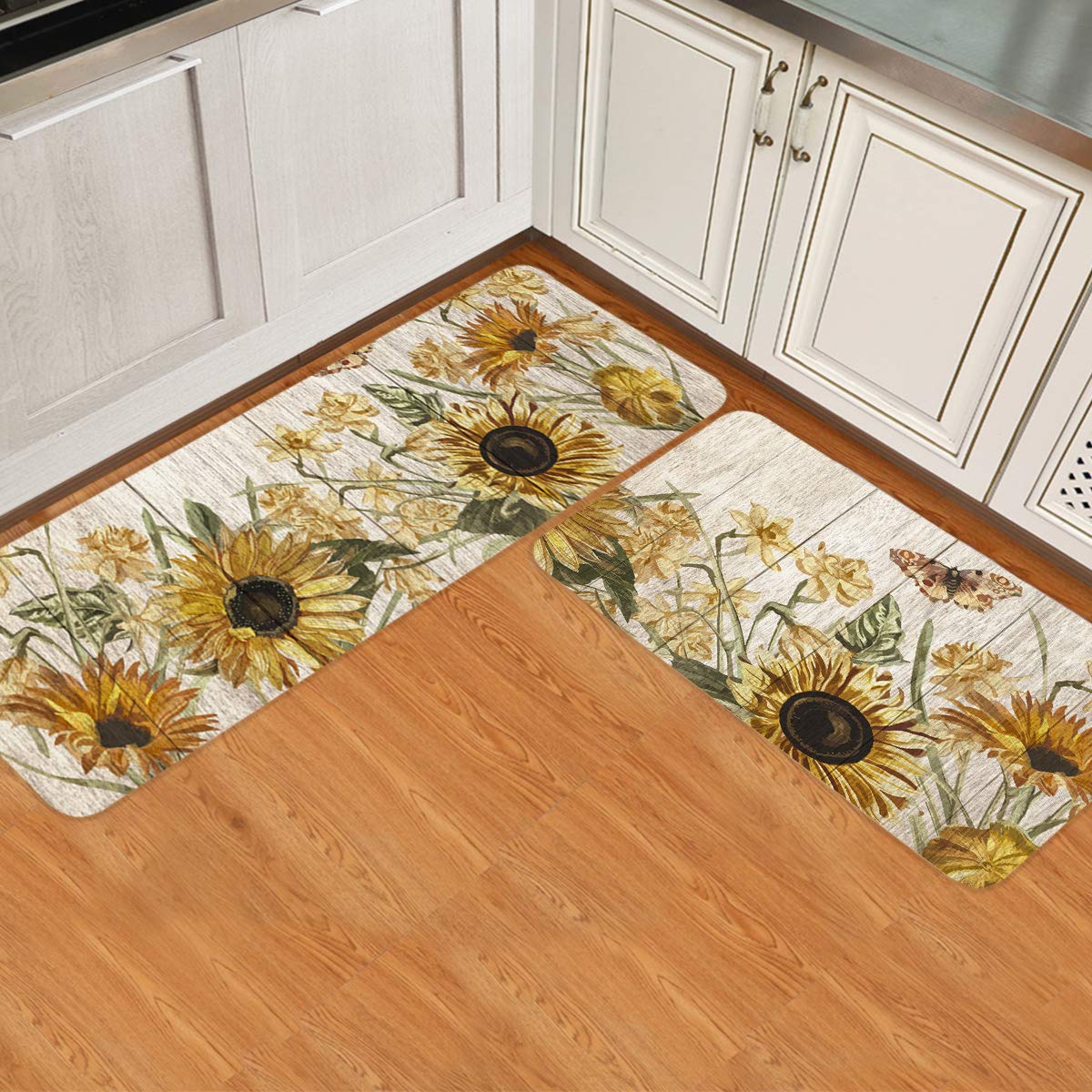 2 Piece Kitchen Mats Cushioned Anti Fatigue Sunflower Waterproof Non Slip Kitchen Rugs Washable Indoor Outdoor Sunflower on Wooden Board Butterfly 19.7x31.5+19.7x47.2