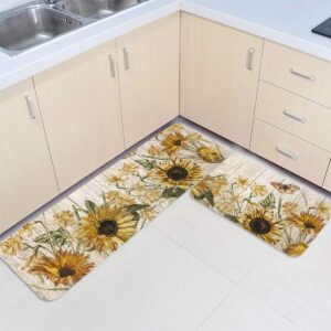 2 Piece Kitchen Mats Cushioned Anti Fatigue Sunflower Waterproof Non Slip Kitchen Rugs Washable Indoor Outdoor Sunflower on Wooden Board Butterfly 19.7x31.5+19.7x47.2