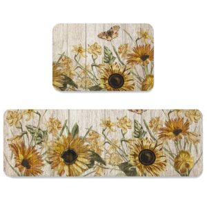 2 Piece Kitchen Mats Cushioned Anti Fatigue Sunflower Waterproof Non Slip Kitchen Rugs Washable Indoor Outdoor Sunflower on Wooden Board Butterfly 19.7x31.5+19.7x47.2