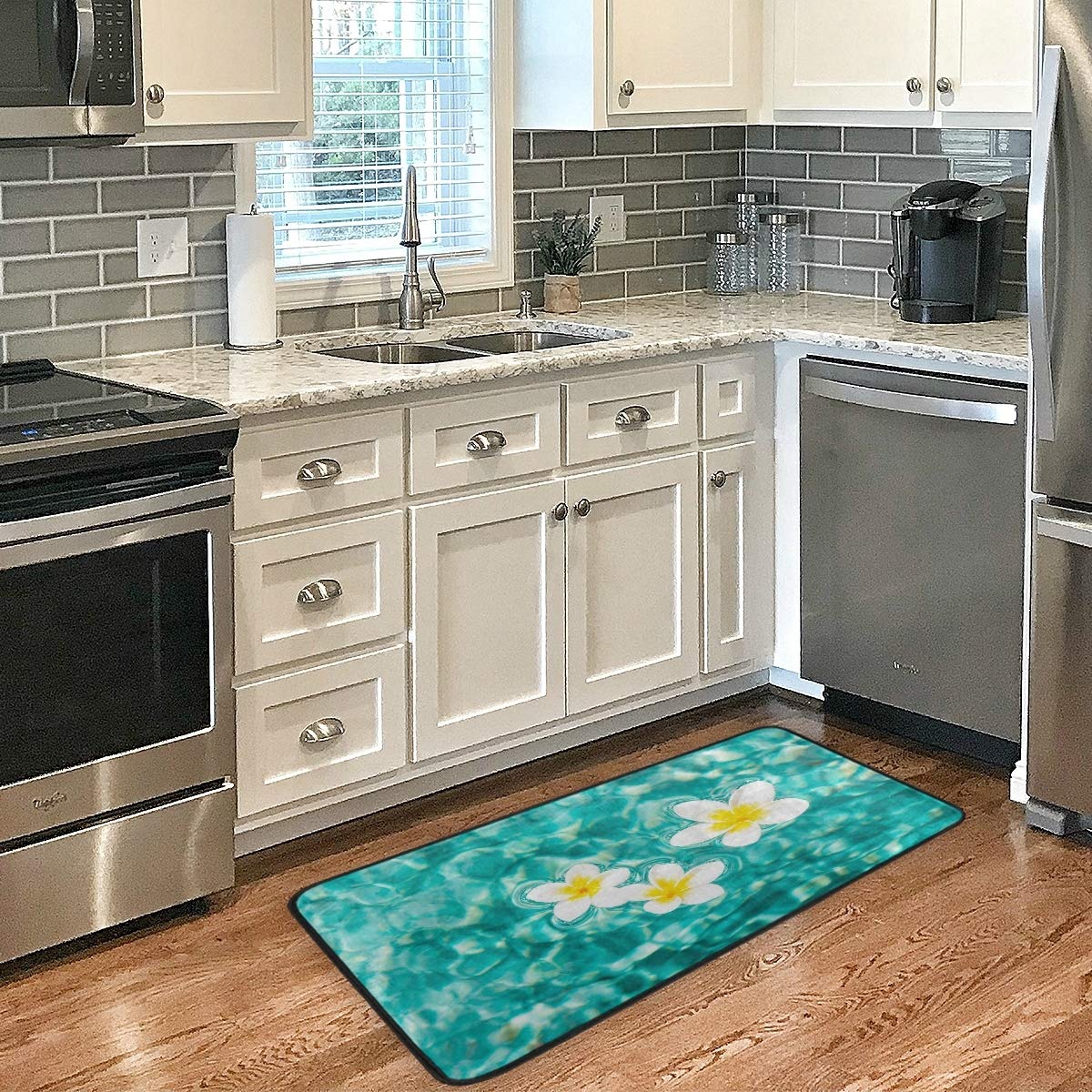 Kitchen Rugs Tropical Zen Plumeria Flower in Turquoise Water Non-Slip Kitchen Mats Bath Runner Rug Doormats Area Mat Rugs Carpet for Home Decor 39" X 20"