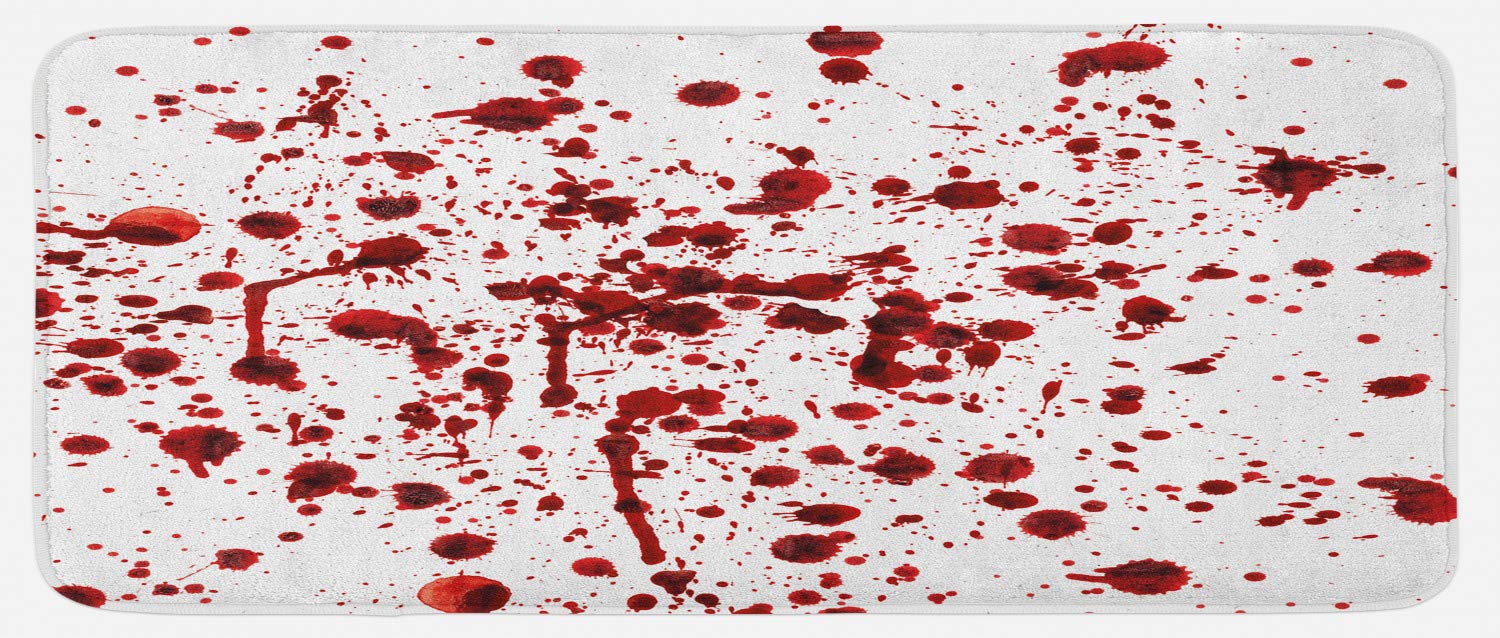 Ambesonne Horror Kitchen Mat, Splashes of Blood Grunge Style Bloodstain Horror Scary Zombie Halloween Themed Print, Plush Decorative Kitchen Mat with Non Slip Backing, 47" X 19", Red White