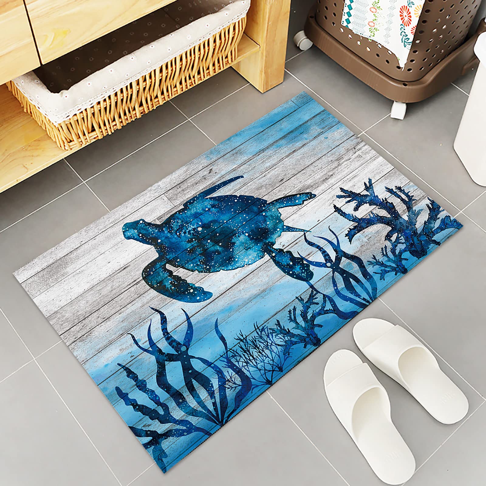 Kitchen Mat Beach Themed Coastal Blue Sea Turtle Nautical Map Ocean Starfish Seaweed Kitchen Rugs Kitchen Organization Anti-Fatigue Kitchen Floor Mats Kitchen Runner Rug Room Decor Standing Desk Mats