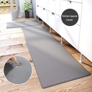 Kitchen Mat Runner Rug - 2 PCS, PU Waterproof Cushioned Anti-Fatigue Kitchen Carpet, Heavy Duty Oil-proof PVC Ergonomic Comfort Foam Rug (Color : Gray, Size : 17.3x29.5"+17.3x59")