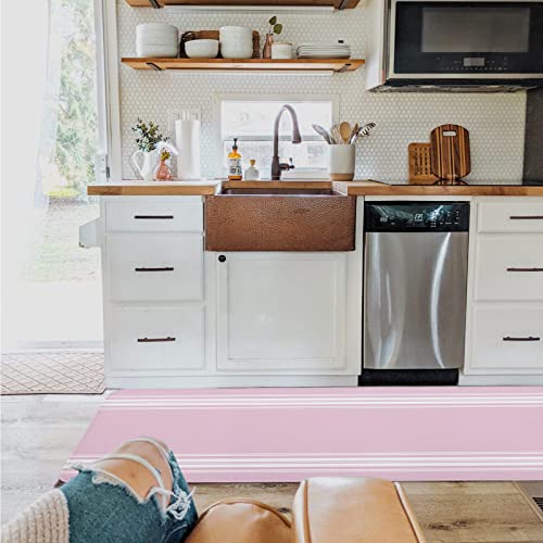 Pink Blush Striped Cushioned Antifatigue Kitchen Mats and Rugs,Contemporary Geometric Line Minimalist Art Absorbent Floor Bath Door Mat Doormat Accent Runner Washable Comfort Standing Mat 18''x47''