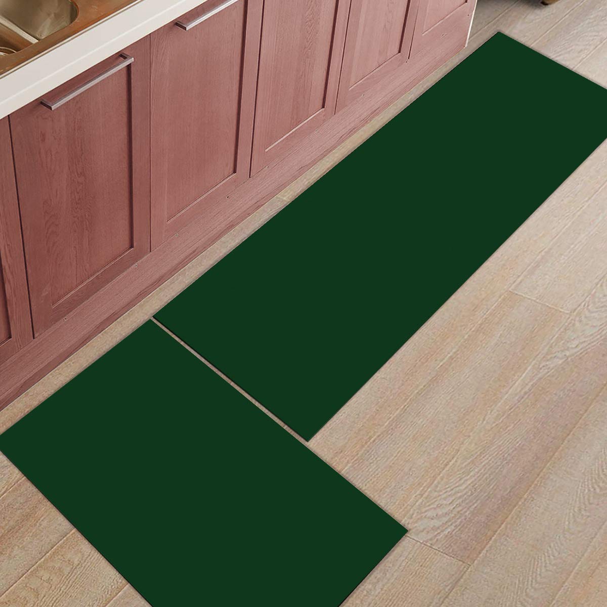 Kitchen Rugs, Solid Color Dark Green Non Slip Runner Rug Mat for Floor, Kitchen, Bedside, Sink, Office, Laundry, Set of 2